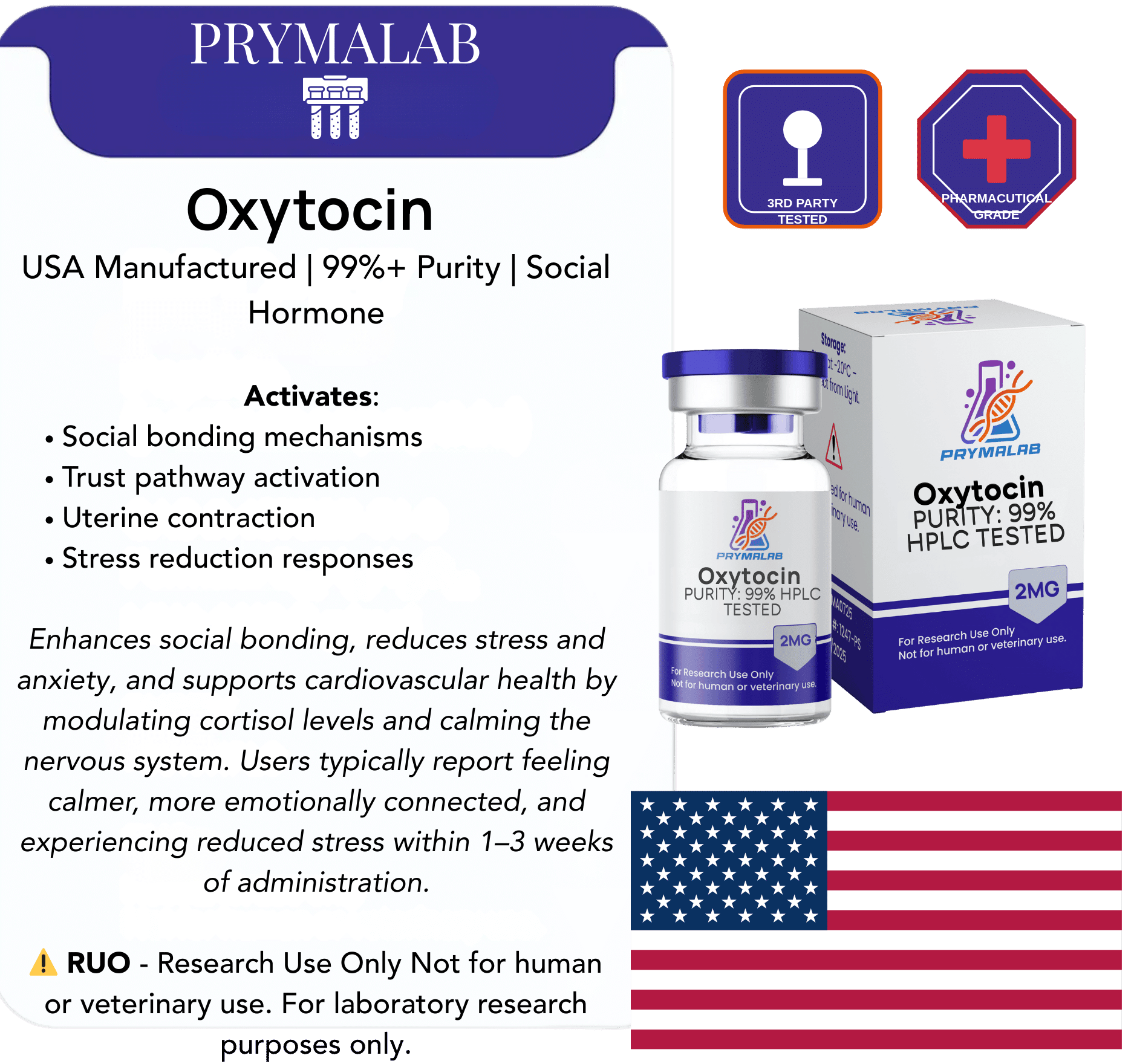Oxytocin 2 mg lyophilized powder in amber vial – white label reads “Oxytocin 2 mg – Mood & Bonding”