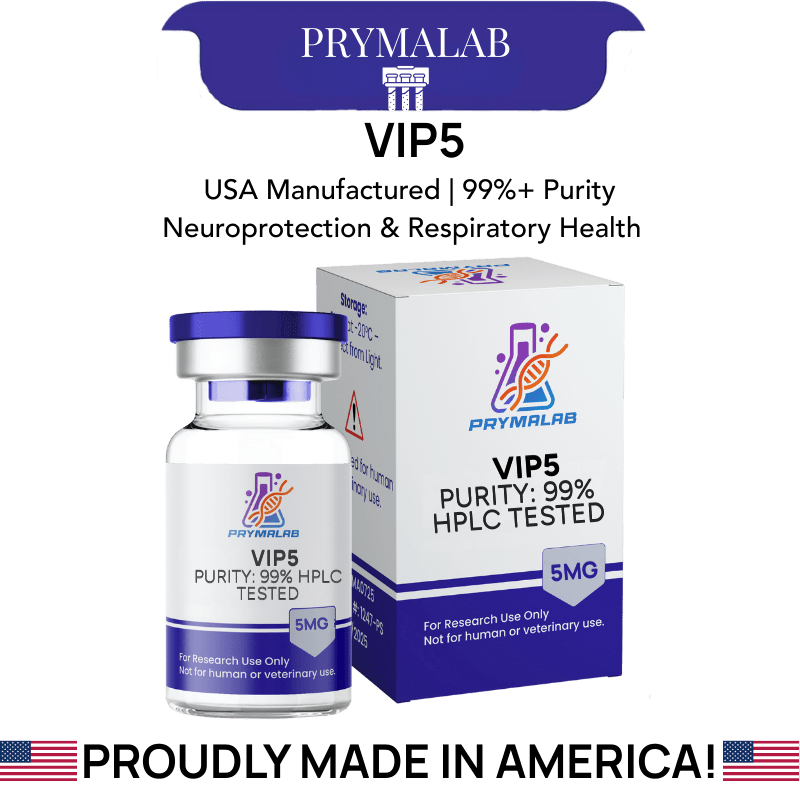 Glass vial containing 5mg of VIP5 research compound powder for laboratory use